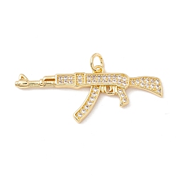 Real 18K Gold Plated Brass Micro Pave Clear Cubic Zirconia Pendants, with Jump Rings, Cadmium Free & Lead Free, Long-Lasting Plated, Gun, Real 18K Gold Plated, 15x36x2mm, Hole: 3mm