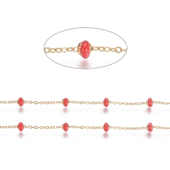 Red Stainless Steel Satellite Chains, with Enamel Beads and Spool, Soldered, Long-Lasting Plated, Flat Round, Golden, Red, 1.5x1.2x0.3mm, about 32.8 Feet(10m)/roll
