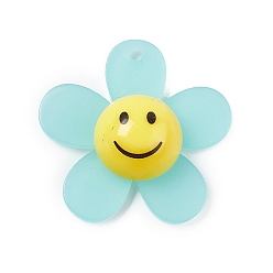 Pale Turquoise Frosted Translucent Acrylic Pendants, Sunflower with Smiling Face Charm, Pale Turquoise, 29x30x9mm, Hole: 1.8mm