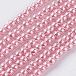 Бледно-Розовый Круглые бусины из экологически чистого окрашенного стекла с жемчугом, класс А, хлопковый шнур , розовый жемчуг, 3~3.5 мм, отверстие : 0.7~1.1 мм, около 135 шт / нитка, 15 дюйм