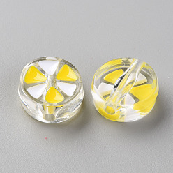 Yellow Transparent Enamel Acrylic Beads, Flat Round with Triangle, Yellow, 20x9mm, Hole: 3.5mm