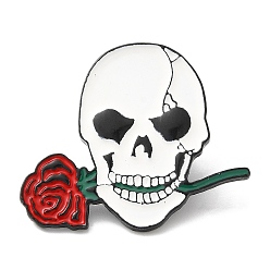 White Skull & Rose Enamel Pins, Black Zinc Alloy Brooches for Backpack Clothes, Halloween Theme, White, 31x36x2mm