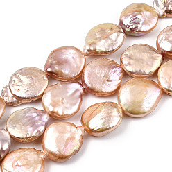 Light Salmon Natural Keshi Pearl Beads Strands, Cultured Freshwater Pearl, Baroque Pearls, Flat Round, Light Salmon, 13~16.5x12~13.5x3.5~9mm, Hole: 0.6mm, about 26pcs/strand, 14.69~14.76 inch(37.3~37.5cm) 