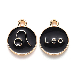 Leo Alloy Enamel Pendants, Flat Round with Constellation, Light Gold, Black, Leo, 15x12x2mm, Hole: 1.5mm, 50pcs/Box
