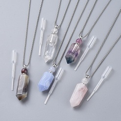 Stainless Steel Color Natural Gemstone Perfume Bottle Pendant Necklaces, with Stainless Steel Box Chain and Plastic Dropper, Hexagonal Prism, Stainless Steel Color, 27.4 inch~27.5 inch(69.5~69.9cm), Bottle Capacity: 0.15~0.3ml(0.005~0.01 fl. oz)
