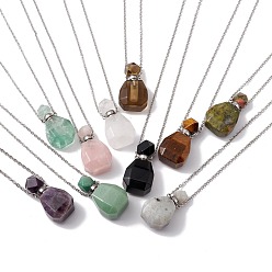 Mixed Stone Openable Faceted Natural & Synthetic Mixed Stone Perfume Bottle Pendant Necklaces for Women, 304 Stainless Steel Cable Chain Necklaces, Stainless Steel Color, 18.50 inch(47cm)