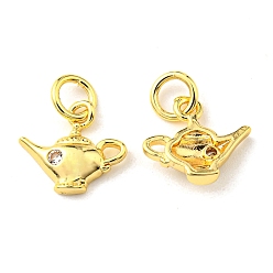 Real 18K Gold Plated Rack Plating Brass Micro Pave Cubic Zirconia Charms, with Jump Ring, Teapot, Real 18K Gold Plated, 10x11x2.5mm, Hole: 3.2mm
