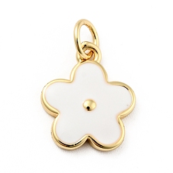 White Rack Plating Brass Enamel Charms, with Jump Rings, Cadmium Free & Lead Free, Real 18K Gold Plated, Flower, White, 14.5x12x1.3mm, Hole: 3.3mm
