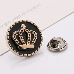 Black Plastic Brooch, Alloy Pin, with Enamel, for Garment Accessories, Round with Crown, Black, 18mm