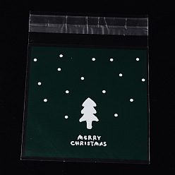 Темно-Зеленый Прямоугольник мешки ОПП целлофан на Рождество, с деревом рисунком, темно-зеленый, 13x9.9 см, односторонняя толщина: 0.035 мм, внутренняя мера: 9.9x9.9 см, около 95~100 шт / упаковка