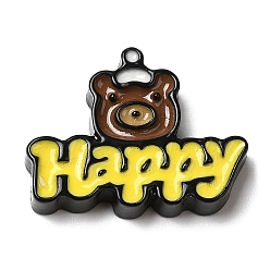 Jaune Cabochons de noël en résine opaque, mot heureux avec ours, jaune, 22x28.5x5mm