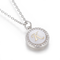 Letter K Brass Initial Pendant Necklaces, with Shell, Cubic Zirconia and 304 Stainless Steel Cable Chains, Flat Round with Letter, Letter.K, 17.5 inch(44.5cm), 1.5mm
