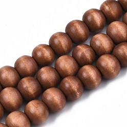 Sienna Painted Natural Wood Beads Strands, Round, Sienna, 10x8~9mm, Hole: 2~3mm, about 41~42pcs/strand, 13.98 inch~14.61 inch(35.5~37.1cm)