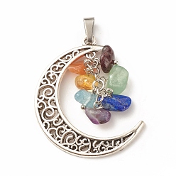Mixed Stone Natural Mixed Stone Pendants, Natural Garnet & Red Aventurine & Green Aventurine & Amethyst & Citrine & Aquamarine & Lapis Lazuli, with Antique Silver tone Alloy Findings, Moon, 40x30x1.8mm, Hole: 6.5x4.5mm