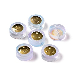 Lila Perlas de vidrio pintado en aerosol transparente, con fornituras de latón dorado, plano y redondo con sonrisa, lila, 11.5x4 mm, agujero: 1.2 mm