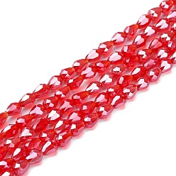 Red Electroplate Glass Beads Strands, Pearl Luster Plated, Faceted, Drop, Red, 11x8mm, Hole: 1mm, about 57~59pcs/strand, 26.38~26.77 inch