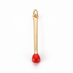 Red Brass Enamel Pendants, with Jump Ring, Cadmium Free & Nickel Free & Lead Free, Match, Real 16K Gold Plated, Red, 30x4.5mm, Jump Ring: 5x1mm, 3mm inner diameter