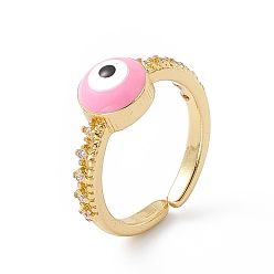 Pink Evil Eye Enamel & Clear Cubic Zirconia Open Cuff Ring, Real 18K Gold Plated Brass Lucky Jewelry for Women, Lead Free & Cadmium Free, Pink, US Size 5(15.7mm)