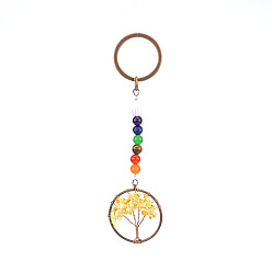 Citrine Flat Round with Tree of Life Natural Citrine Chips Keychains, with Chakra Round Gemstone and Brass Findings, for Car Backpack Pendant Accessories, 10.5cm