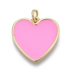 Pearl Pink Brass Enamel Pendants, with Jump Rings, Long-Lasting Plated, Real 18K Gold Plated, Heart, Pearl Pink, 17x17x2mm, Jump Rings: 5x1mm, Inner Diameter: 3mm