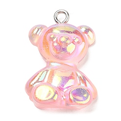 Pink Pendentifs en résine transparente, Breloques ours irisé avec boucles en fer plaqué platine, rose, 24.5~25.5x17~18x8~8.5mm, Trou: 1.8mm