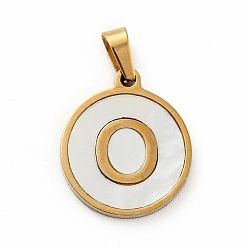 Letter O Vacuum Plating 304 Stainless Steel with White Shell Pendants, Golden, Flat Round with Letter Charm, Letter.O, 18x16x1.5mm, Hole: 3x6mm