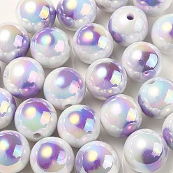 Medium Purple UV Plating Rainbow Iridescent Acrylic Beads, Round with Heart Pattern, Medium Purple, 16x15mm, Hole: 3mm