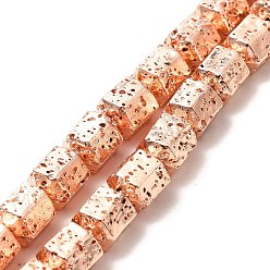 Rose Gold Plated Electroplated Natural Lava Rock Beads Strands, Hexagon Column, Rose Gold Plated, 8x6.5x7.5mm, Hole: 1mm, about 50~51pcs/strand, 15.55~15.94 inch(39.5~40.5cm)
