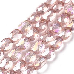 Pink Faceted Electroplated Transparent Glass Beads Strands, AB Color Plated, Oval, Pink, 10.5x8x5mm, Hole: 1.5mm, about 58~60pcs/strand, 25.59 inch(65cm)