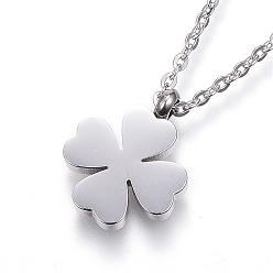 Stainless Steel Color 304 Stainless Steel Pendant Necklaces, Four Leaf Clover, Stainless Steel Color, 17.51 inch(44.5cm)