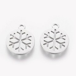 Stainless Steel Color 304 Stainless Steel Charms, Flat Round with Snowflake, Stainless Steel Color, 14x12x1mm, Hole: 1.5mm