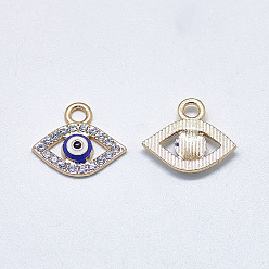 Light Gold Alloy Charms, with Crystal Rhinestone and Blue Enamel, Evil Eye, Light Gold, 14x16.5x2.5mm, Hole: 2mm