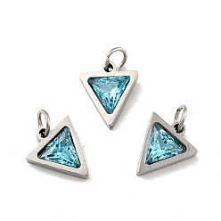 Pale Turquoise 304 Stainless Steel Pendants, with Cubic Zirconia and Jump Rings, Single Stone Charms, Triangle, Stainless Steel Color, Pale Turquoise, 11x9.5x3mm, Hole: 3.6mm