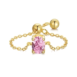 Rose Nacré 925 anneaux de chaîne rolo en argent sterling, bague avec pierre de naissance, avec zircon cubique ovale pour femme, anneau coulissant réglable, réel 18 k plaqué or, perle rose, 1.2mm, taille us 7 (17.3 mm)