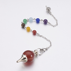 Carnelian Natural Carnelian Sphere Dowsing Pendulums, with Mixed Stone and Brass Findings, Chakra, Round, Platinum, 240~245mm