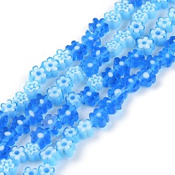 Bleu Main millefiori perles de verre brins, fleur, bleu, 3.7~5.6x2.6mm, trou: 1mm, environ 88~110 pcs/chapelet, 15.75'' (40 cm)