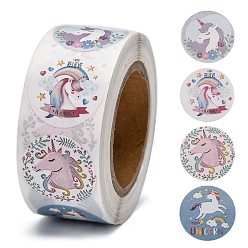 Licorne Autocollants en papier auto-adhésifs, étiquette cadeau, pour la fête, cadeaux décoratifs, ronde, colorées, motif de licorne, 25 mm, 500 pcs / rouleau