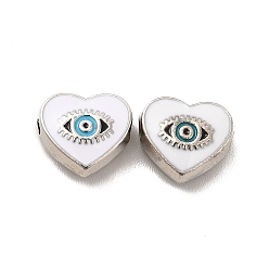 White Alloy Enamel Beads, Heart with Horse Eye, Golden, White, 9x10x4mm, Hole: 1.6mm