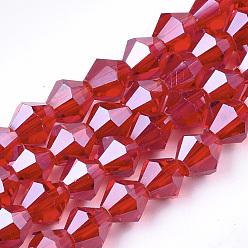 Красный Стеклянные бусины с гальваническим покрытием , гальваническое покрытие, граненые, двухконусные, красные, 6x5.5~6 мм, отверстие : 1 мм, около 44~47 шт / нитка, 11.02 дюйм
