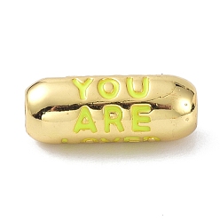 Yellow Eco-Friendly Brass Enamel Beads, Long-Lasting Plated, Real 18K Gold Plated, Oval with Word You Are, Yellow, 17.5x7mm, Hole: 3mm