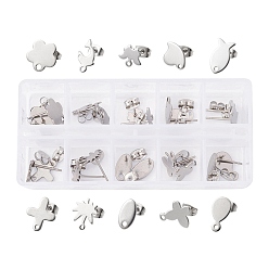 Stainless Steel Color 20Pcs 10 Style 201 Stainless Steel Stud Earring Findings, with Horizontal Loops & 304 Stainless Steel Pins and Ear Nut, Oval & Fish & Heart & Flower & Cross & Butterfly & Dolphin Charms, Stainless Steel Color, 8~13.5x6~12mm, Hole: 1~1.6mm, Pin: 0.8mm, 2Pcs/style