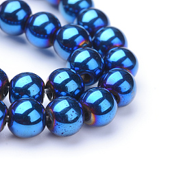 Plaqué Bleu Non-magnétiques perles d'hématite synthétique brins, Grade a, ronde, bleu plaqué, 6mm, trou: 1.5~2mm, environ 65~70 pcs/chapelet
