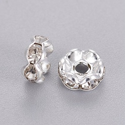 Clear Rhinestone Spacer Beads, Grade A,Brass, Rondelle, Silver Color Plated, Size:about 6mm in diameter, hole:1mm