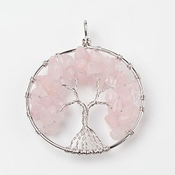 Rose Quartz Tree of Life Natural Rose Quartz Big Pendants, with Brass Findings, Platinum, 63~65x49~51x8~10mm, Hole: 8~10mm