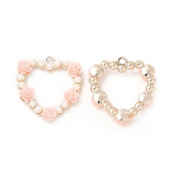 Pink Colgantes de la aleación, encantos del corazón, con perlas de imitación ABS y resina, oro rosa, rosa, 29x27.5x5 mm, agujero: 2.3 mm