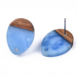 Bleu Bleuet Conclusions de boucles d'oreilles en résine et bois de noyer, 304 avec tige en acier inoxydable, larme, bleuet, 17x13mm, Trou: 1.8mm, pin: 0.7 mm
