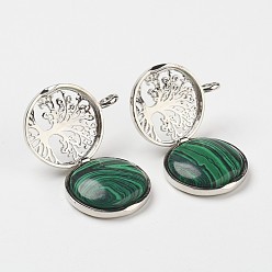 Malachite Synthetic Malachite Pendants, with Brass Diffuser Locket Findings, Flat Round with Tree, 31x26x8mm, Hole: 4mm