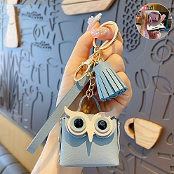 Aqua Women's Lady Owl Mini Coin Purse PU Leather Keychain with Tassel, for Key Bag Car Pendant Decoration, Aqua, 6.4x5.7cm