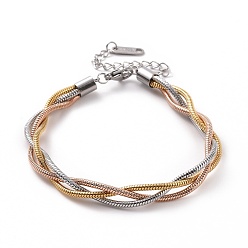 Multi-color 304 Stainless Steel Braided Round Snake Chain Bracelet for Women, Multi-color, 7-1/4 inch(18.3cm)