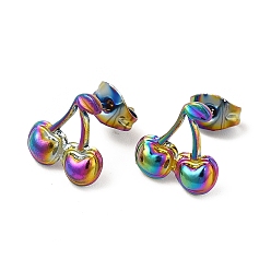 Rainbow Color Ion Plating(IP) 304 Stainless Steel Stud Earrings for Women, Cherry, Rainbow Color, 11x11mm, Pin: 0.8mm